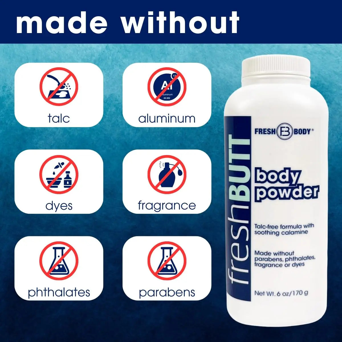 Fresh Butt Powder - Talc-Free Body Powder for Men & Women, 6 oz bottle