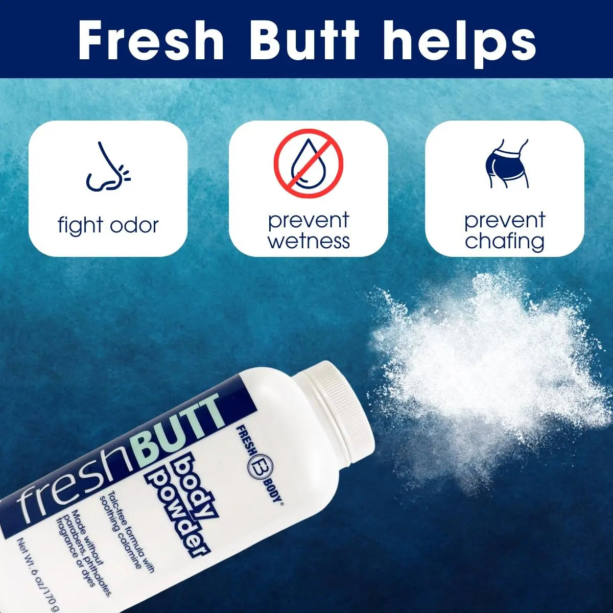 Fresh Butt Powder - Talc-Free Body Powder for Men & Women, 6 oz bottle