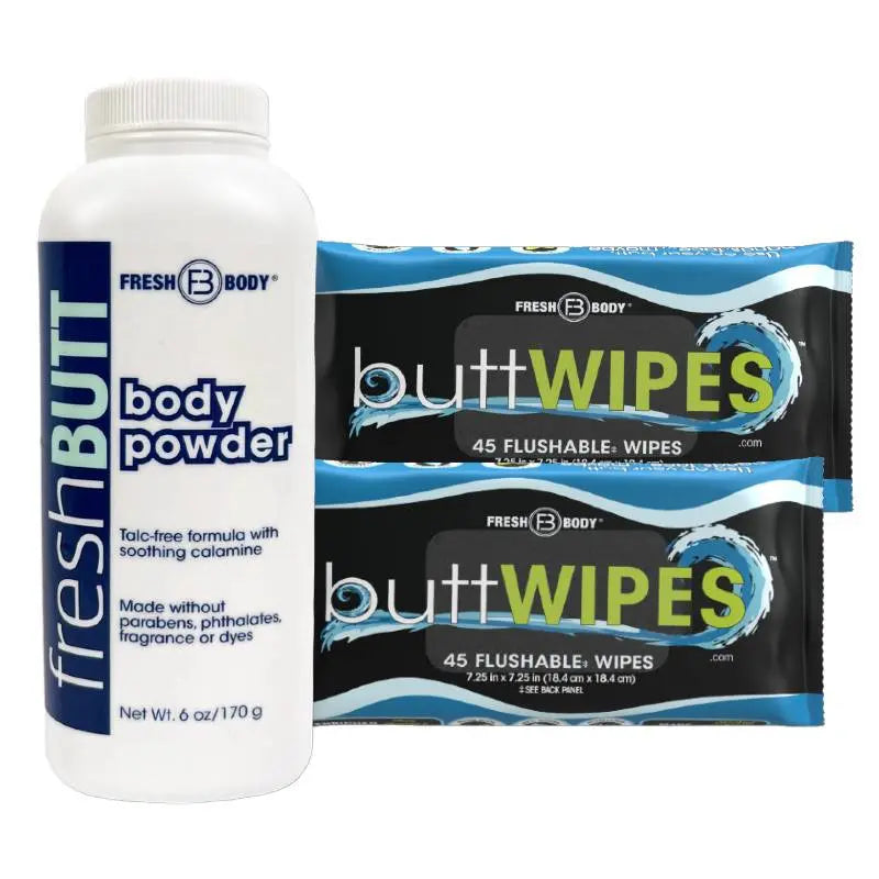 Fresh Butt Powder & Buttwipes Flushable Wipes [3 pc Bundle] Fresh Body