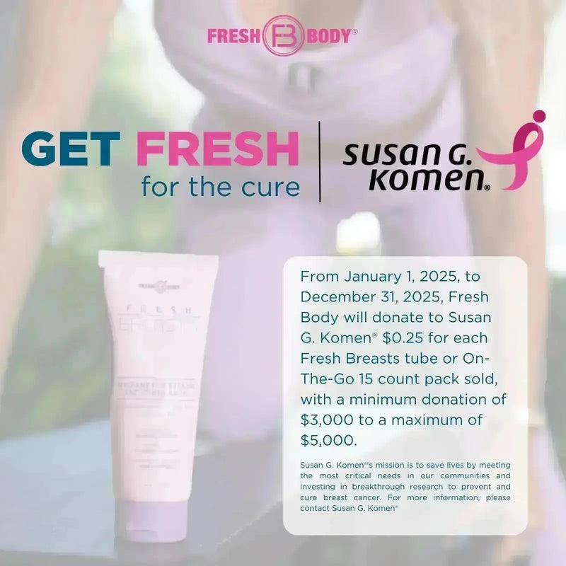 Between Jan 1 2025 and Dec 31 2025, Fresh Body will donate 25 cents for each tube of Fresh Breasts or 15 CT on-the-go pack sold, minimum of 3k to maximum of 5k. 