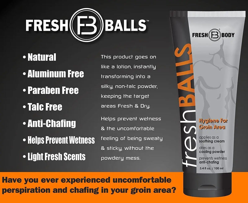 Fresh Balls 3.4oz Fresh Body infographic.  Information available in content.  This product goes on like a lotion instantly transforming into a silky non talc powder, keeping the target areas fresh & dry.