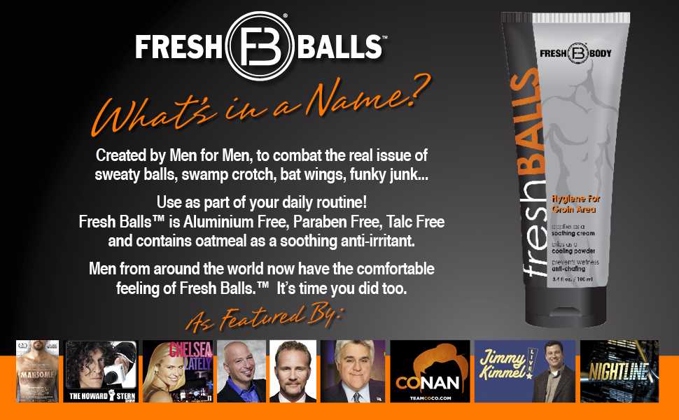 Fresh Balls 3.4oz Fresh Body.  Information available in content.  Created by men for men, to combat the real issue of sweaty balls, swamp crotch, bat wings, funky junk.