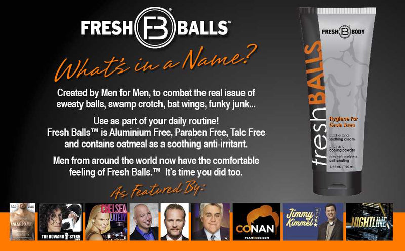 Fresh Balls 3.4oz Fresh Body.  Information available in content.  Created by men for men, to combat the real issue of sweaty balls, swamp crotch, bat wings, funky junk.